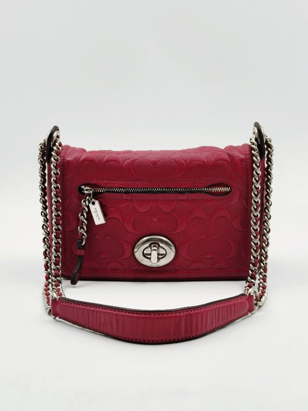 Coach Poppy F23935 Pink Signature Leather Turnlock Chain Crossbody Shoulder Bag
